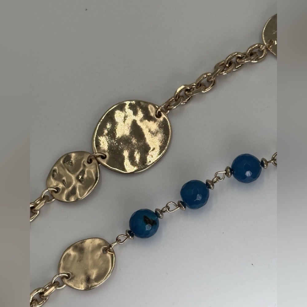 NWT Gold Tone Necklace 40" Turquoise Stone Hammered Discs Boho Chic Adjustable - Picture 4 of 8